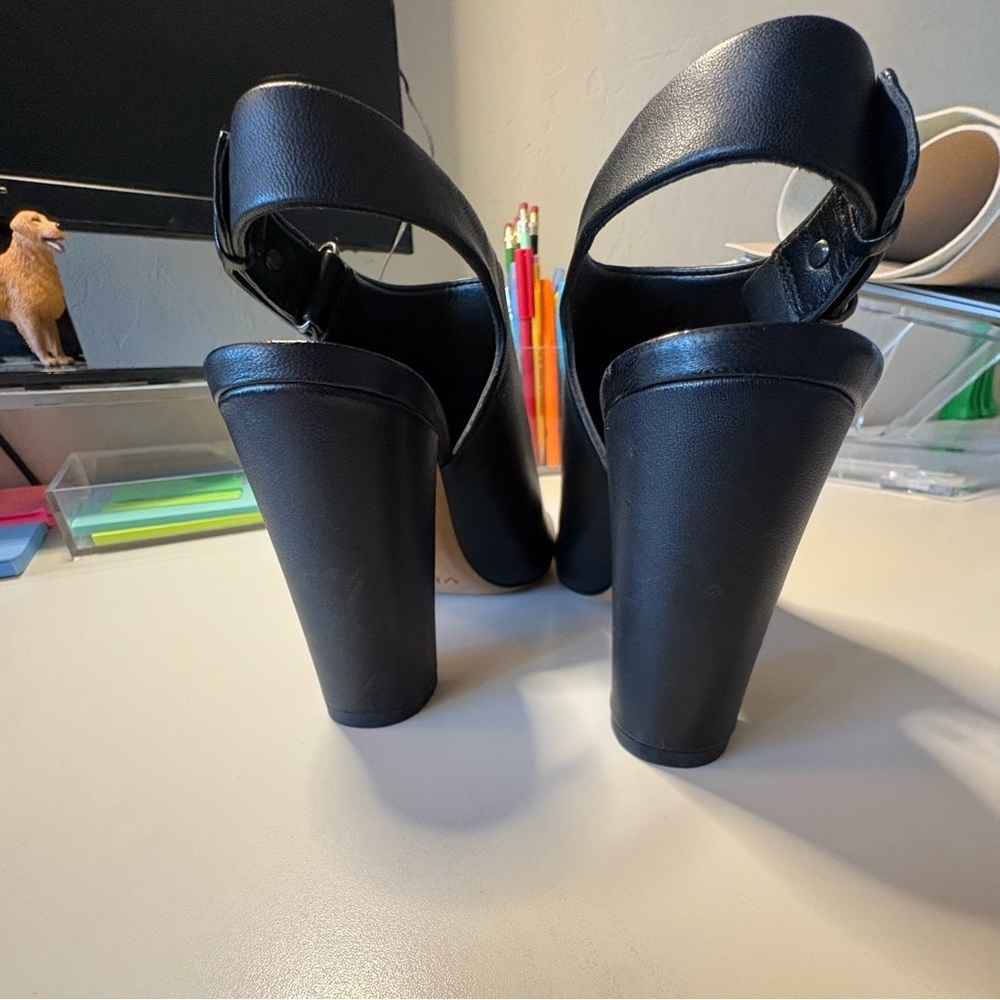 Vince Black Leather Peep-Toe Block Heel Mules Size 6 - Picture 6 of 8